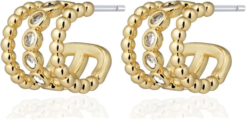 Obidos 14K Gold Plated Triple Huggie Illusion Stud Earrings | Double Huggie Hoop Earrings for One Hole | Gold Hoop Earrings for Women | Drop earrings - Image 5